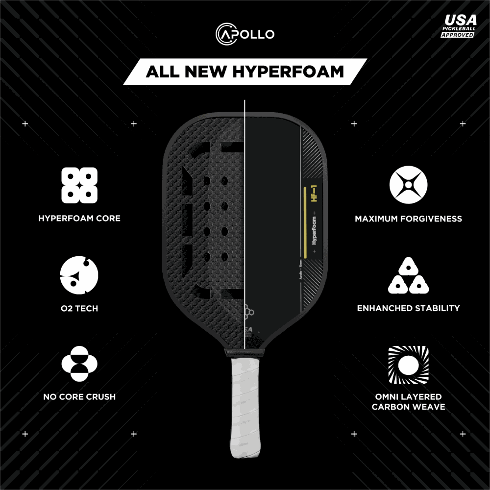 Apollo HyperFoam HF-1 pickleball paddle with advanced foam core, O2 Tech surface, carbon fiber weave, and enhanced stability.