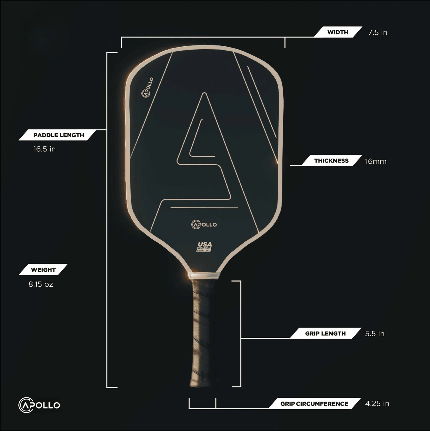 Apollo Helios T700 carbon fiber pickleball paddle with black and white grit finish and 16mm honeycomb core
