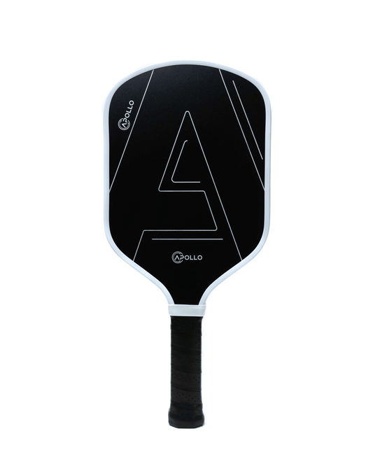 Apollo Helios black and white T700 carbon fiber pickleball paddle with grit finish and honeycomb core