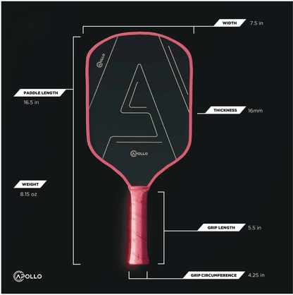 Apollo Venus lightweight T700 carbon fiber pickleball paddle with SpinTech surface coating and honeycomb core.