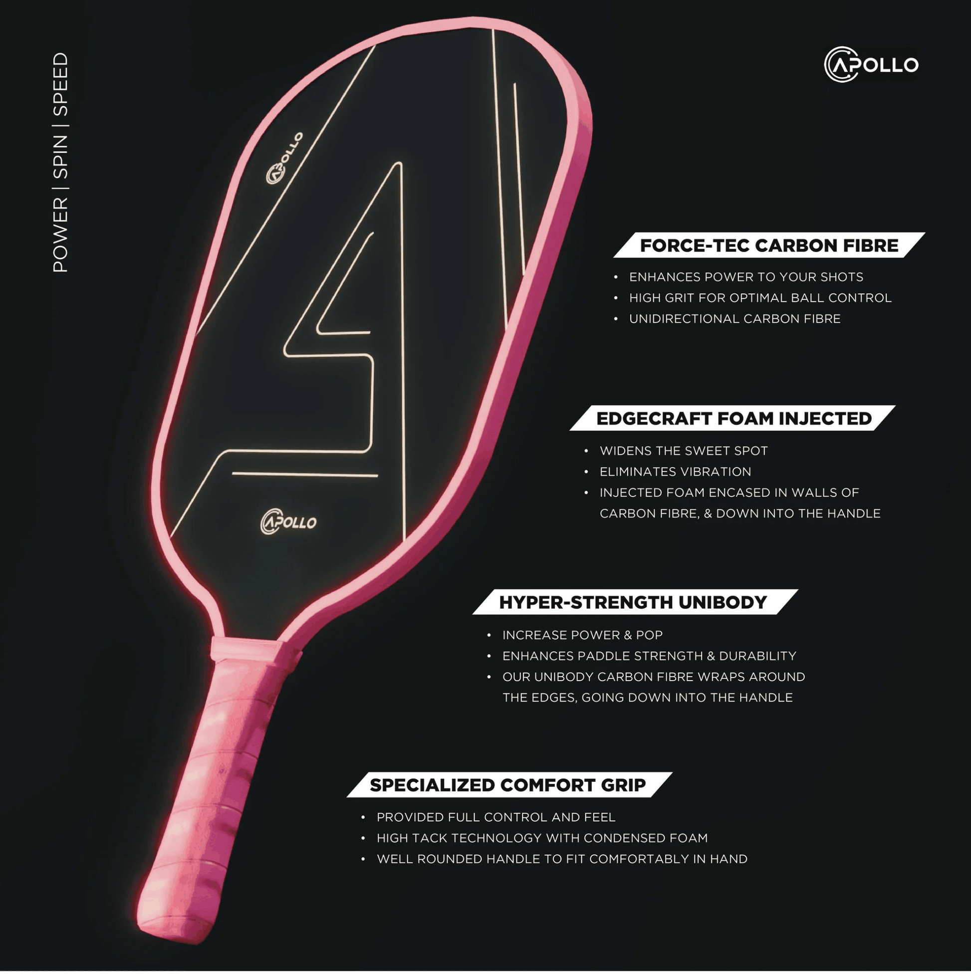 Apollo Venus lightweight T700 carbon fiber pickleball paddle with SpinTech coating