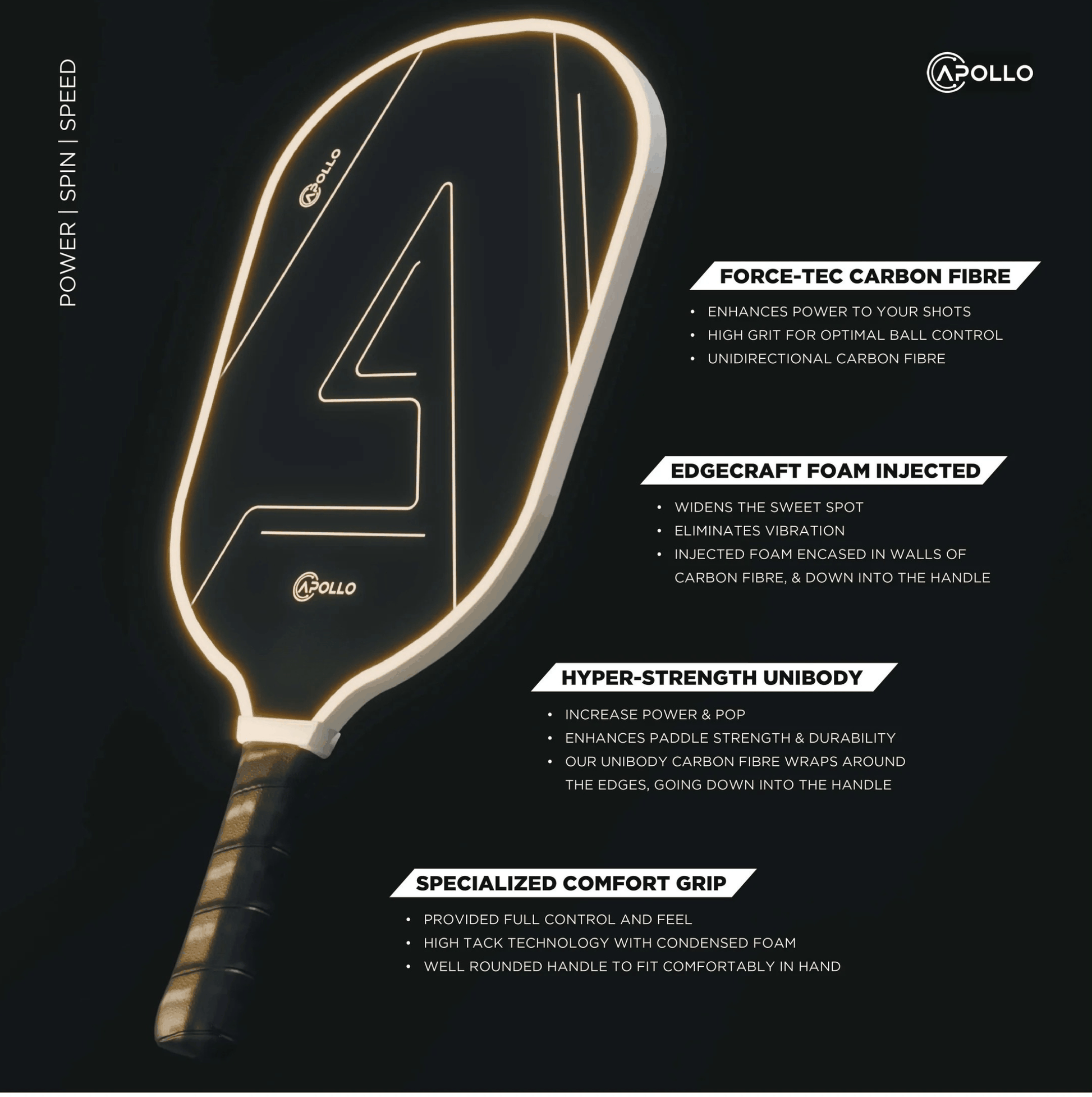 Apollo Helios black and white T700 carbon fiber pickleball paddle with grit finish and honeycomb core designed in Edmonton