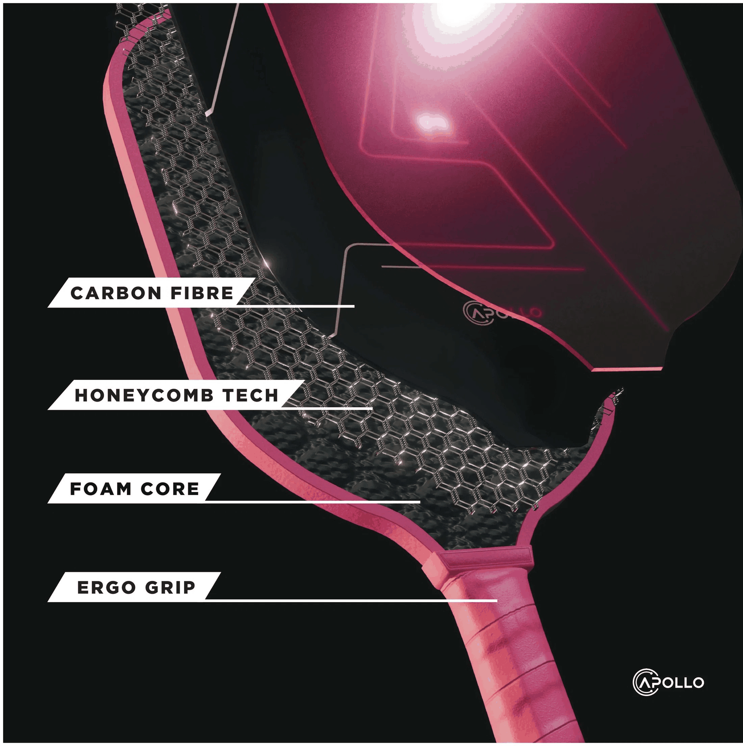 Apollo Venus lightweight T700 carbon fiber pickleball paddle with SpinTech coating and honeycomb core