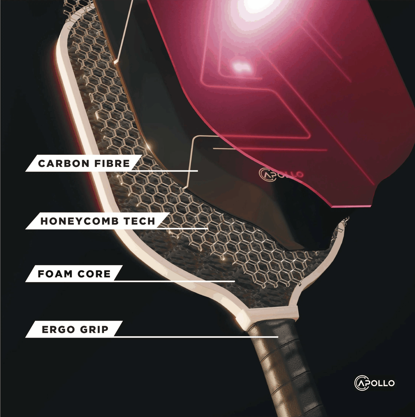 Apollo Helios T700 carbon fiber pickleball paddle with black and white grit finish