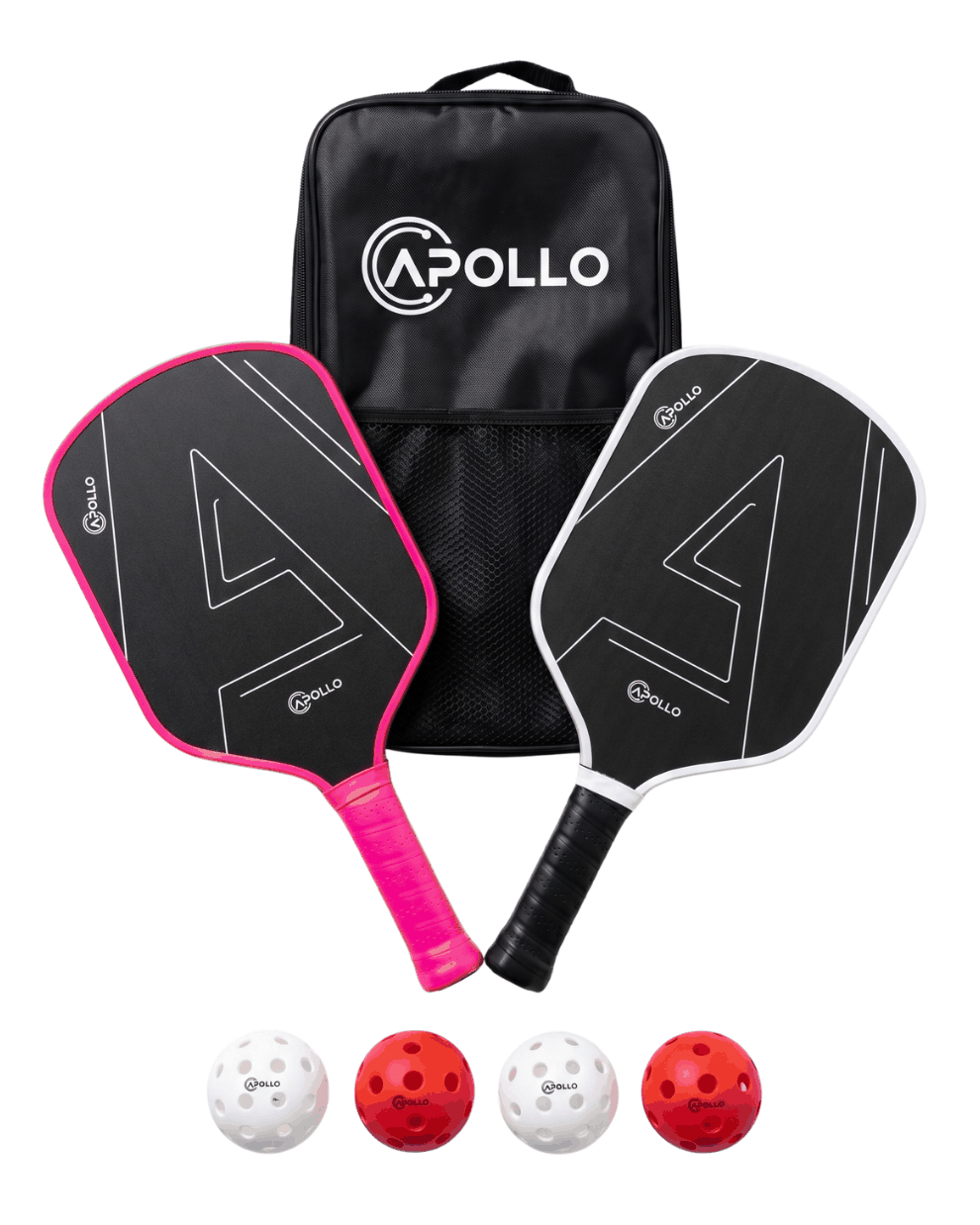 Apollo Launch Kit pickleball starter set with two T700 carbon fiber paddles, four pickleballs, and branded carry bag