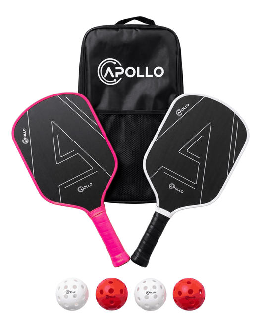 Apollo Launch Kit pickleball starter set with two T700 carbon fiber paddles, four indoor and outdoor balls, and branded carry bag