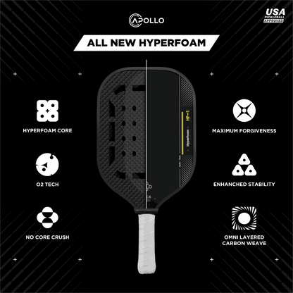 Apollo HyperFoam HF-1 pickleball paddle with advanced foam core, O2 Tech surface, carbon fiber weave, and enhanced stability.