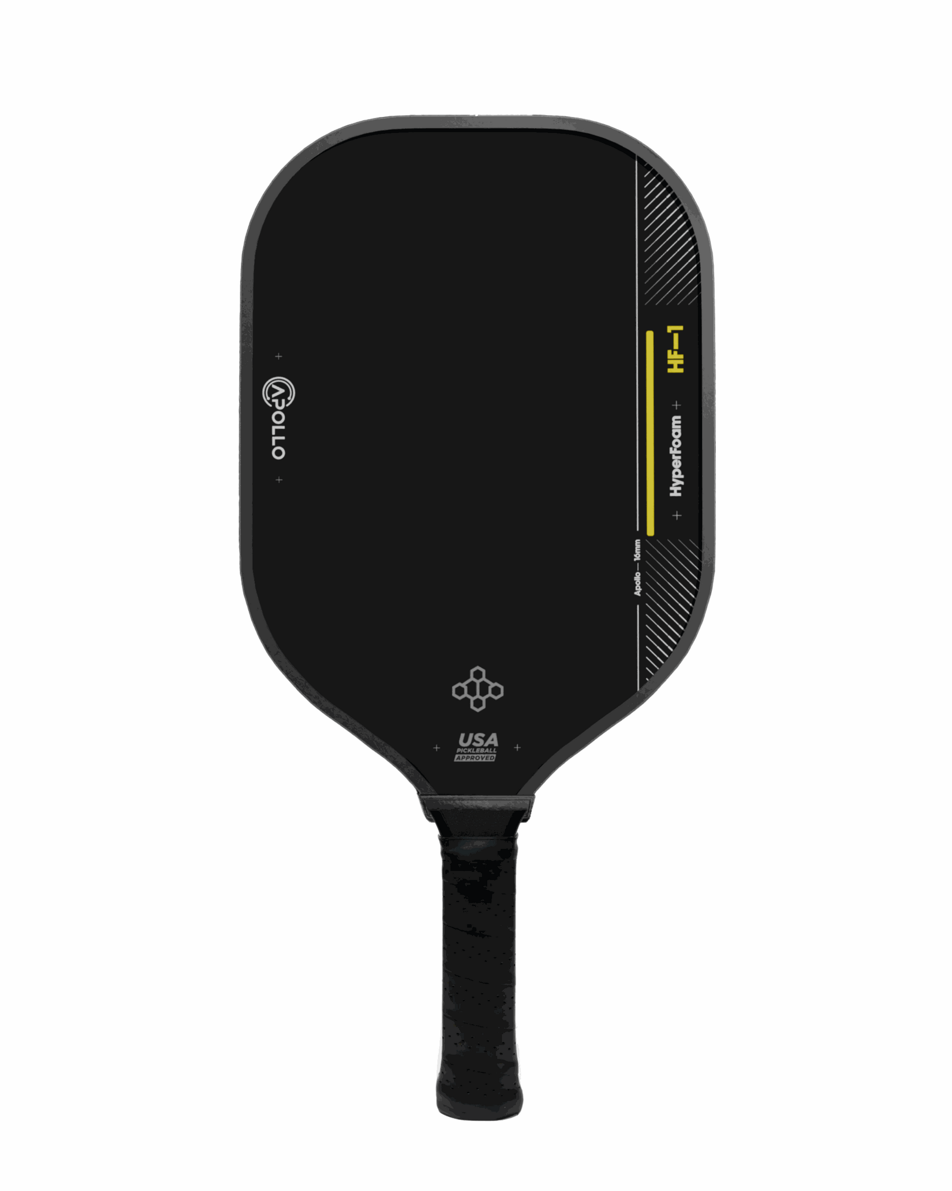 Apollo HyperFoam HF-1 pickleball paddle with black carbon fiber surface and ergonomic handle designed for power and control.