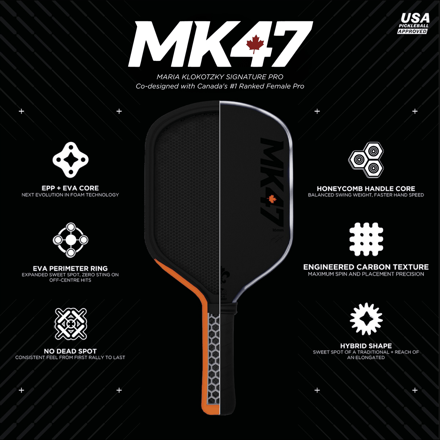 Apollo MK47 signature pro pickleball paddle with T700 carbon fiber and EPP + EVA foam core technology