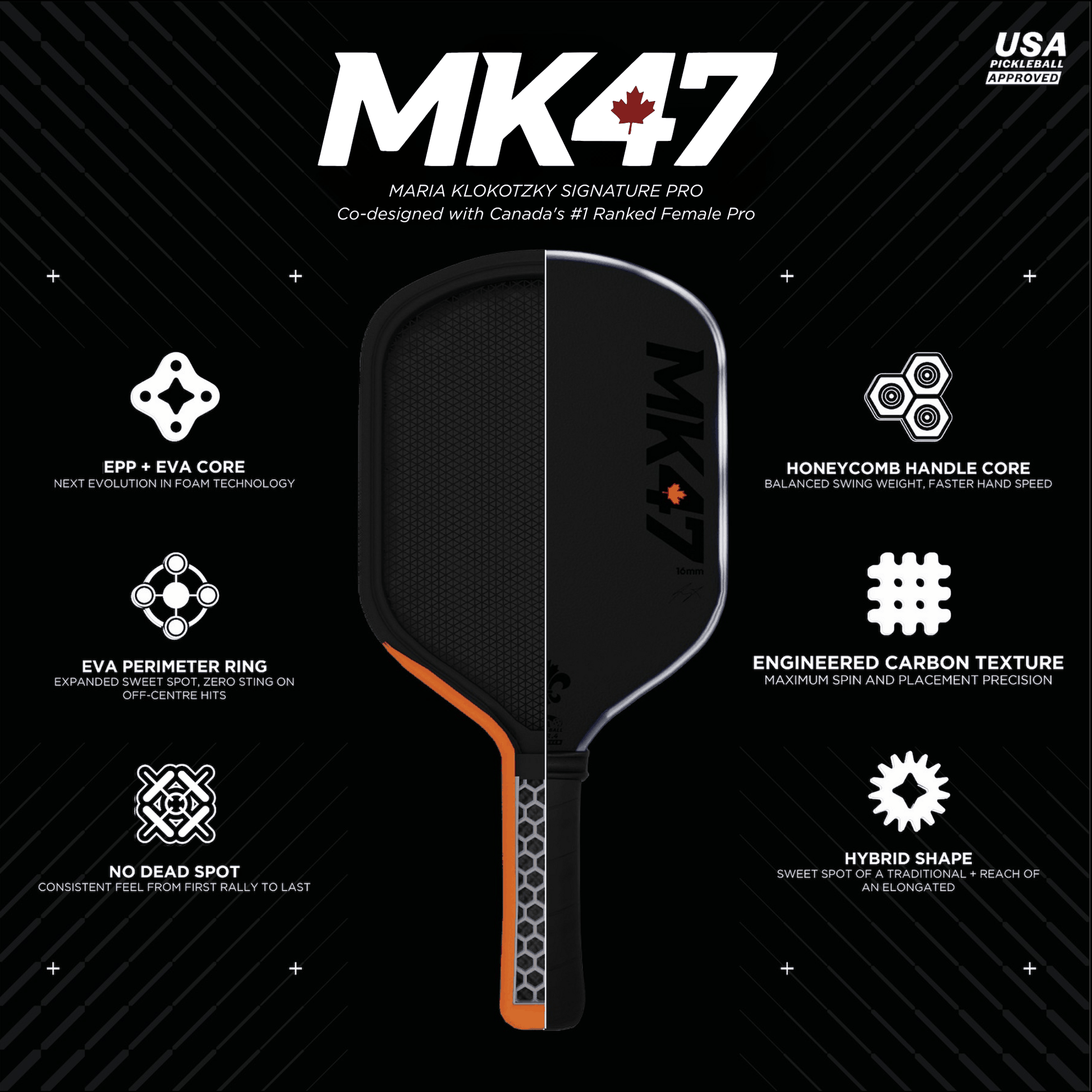 Apollo MK47 signature pro pickleball paddle with T700 carbon fiber and EPP + EVA foam core technology