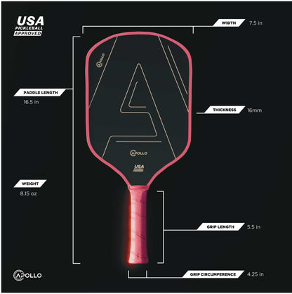 Apollo Venus pickleball paddle with 16.5-inch length, 7.5-inch width, 16mm thickness, 8.15 oz weight, and 5.5-inch grip length, USA Pickleball approved.