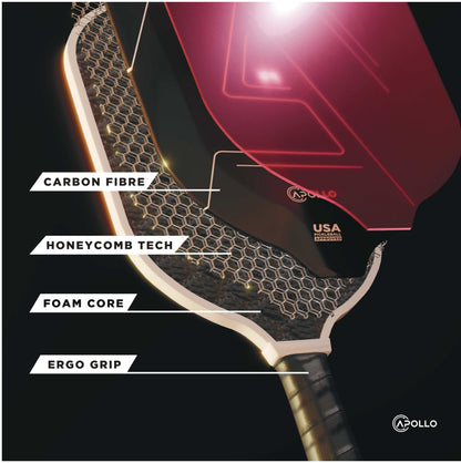 Apollo Helios pickleball paddle with T700 carbon fiber, honeycomb foam core, and ergonomic grip for enhanced control and reduced vibration.
