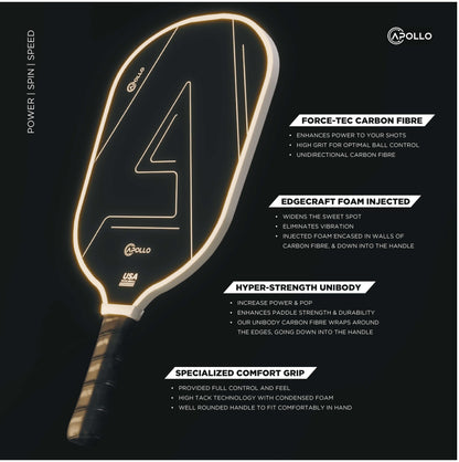 Apollo Helios 16mm carbon fiber pickleball paddle with honeycomb core, vibration reduction, and ergonomic comfort grip for controlled play