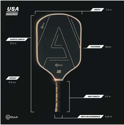 Apollo Helios 16mm carbon fiber pickleball paddle with honeycomb core and ergonomic grip, USA approved