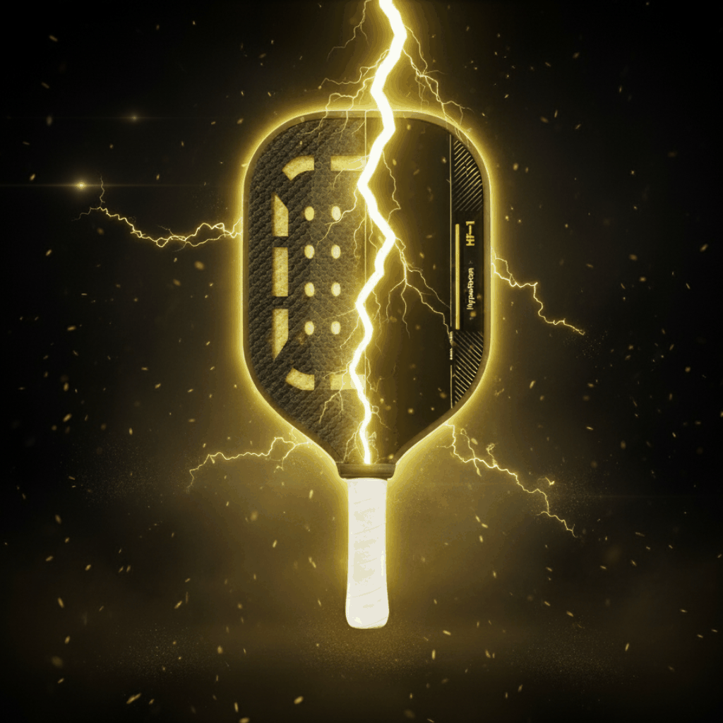 HyperFoam HF-1 pickleball paddle with T700 carbon fiber and advanced foam technology emitting electric energy.