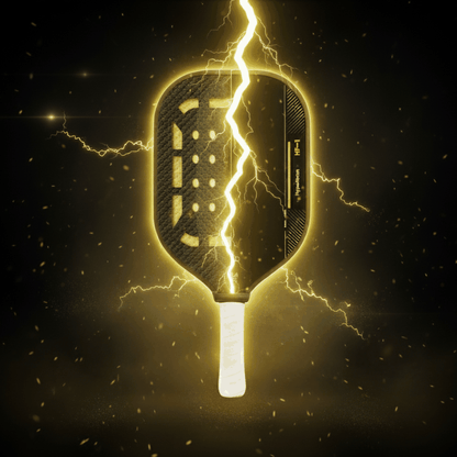 HyperFoam HF-1 pickleball paddle with T700 carbon fiber and advanced foam technology emitting electric energy.