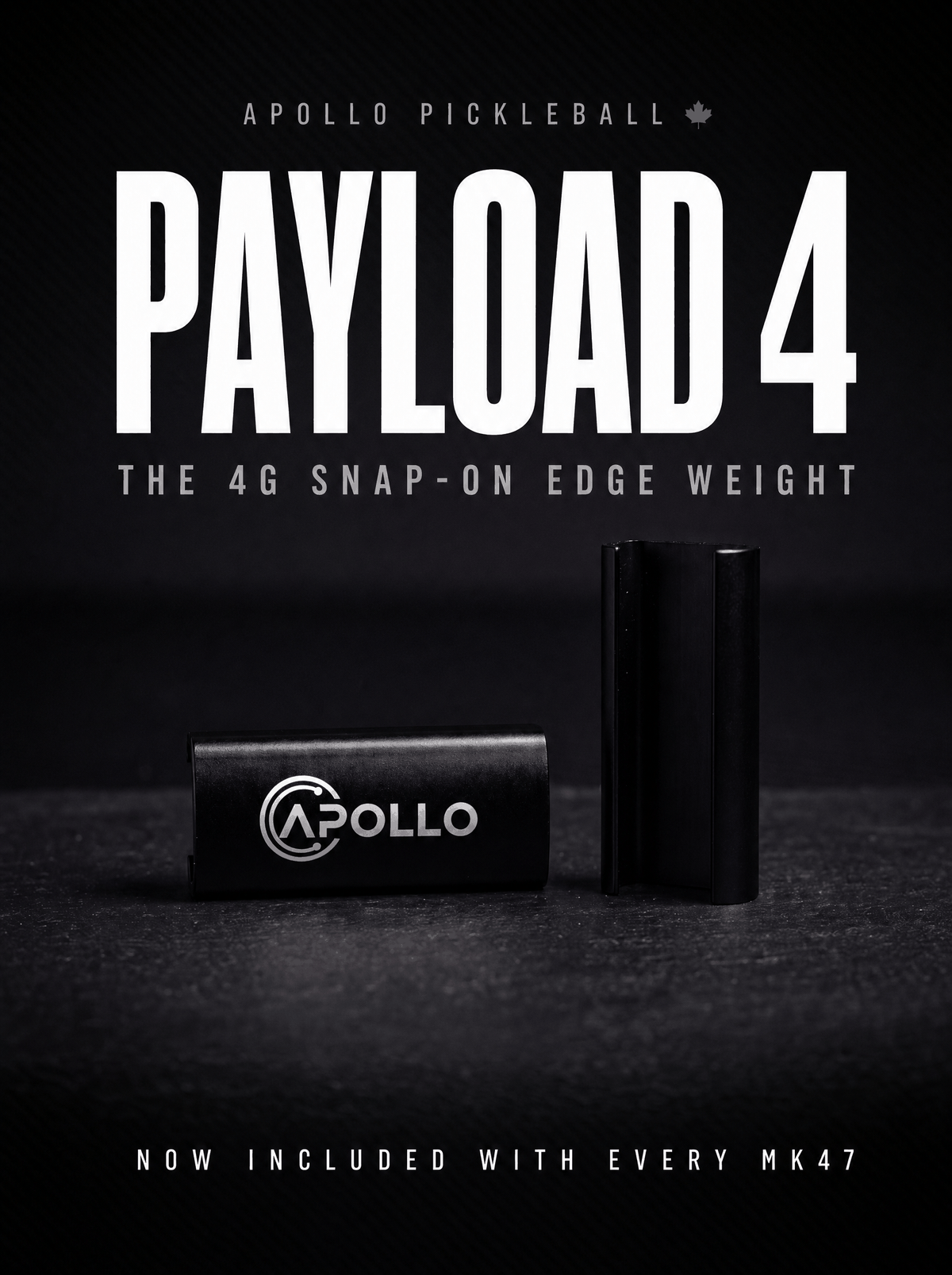 Payload 4 Weight Clips in black, smooth-finished metal, shown as two compact snap-on weights with an Apollo logo.